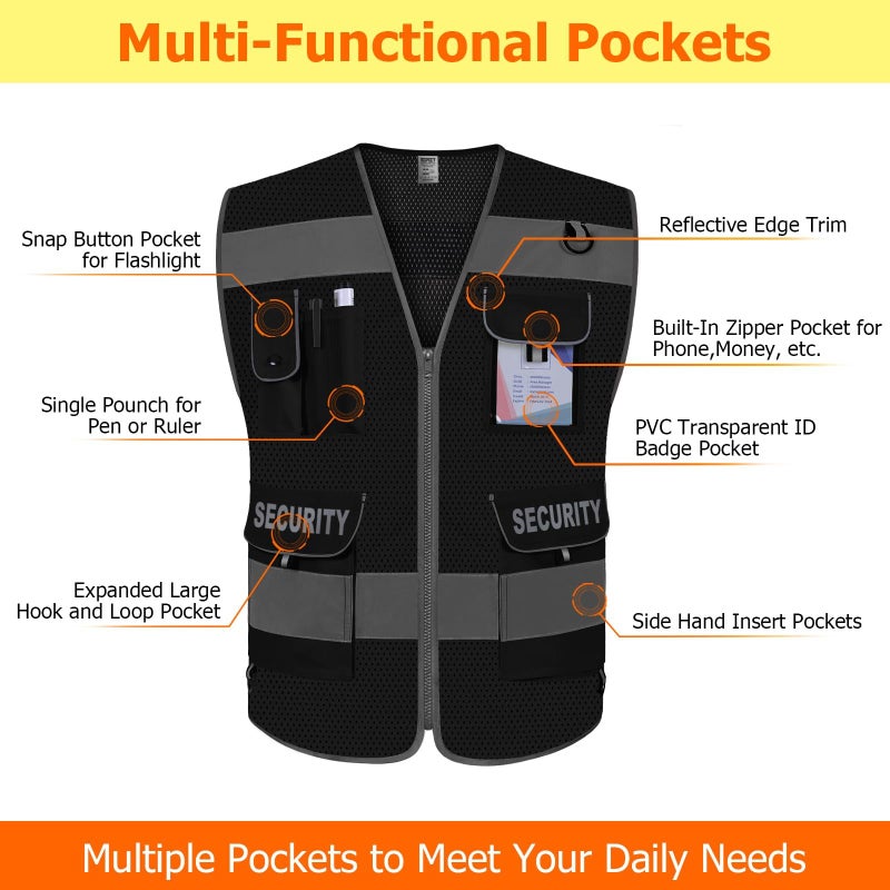 TCCFCCT Mesh Security Vest for Men Women 9 Pockets High Visibility Reflective Safety Vest, Hi Vis Vest with Reinforced Sewing, Durable to Use, Meets ANSI/ISEA, (G100S-Black, 3XL) - Image 3